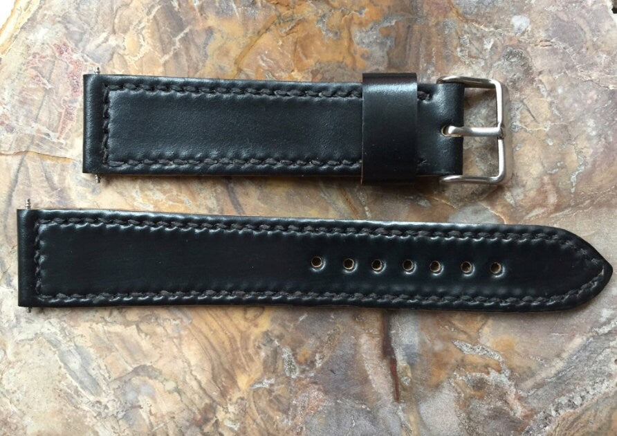 Box Stitched black Horween shell cordovan watch strap