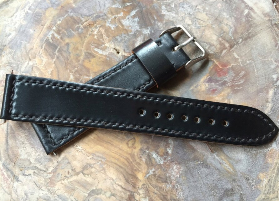 Box Stitched black Horween shell cordovan watch strap