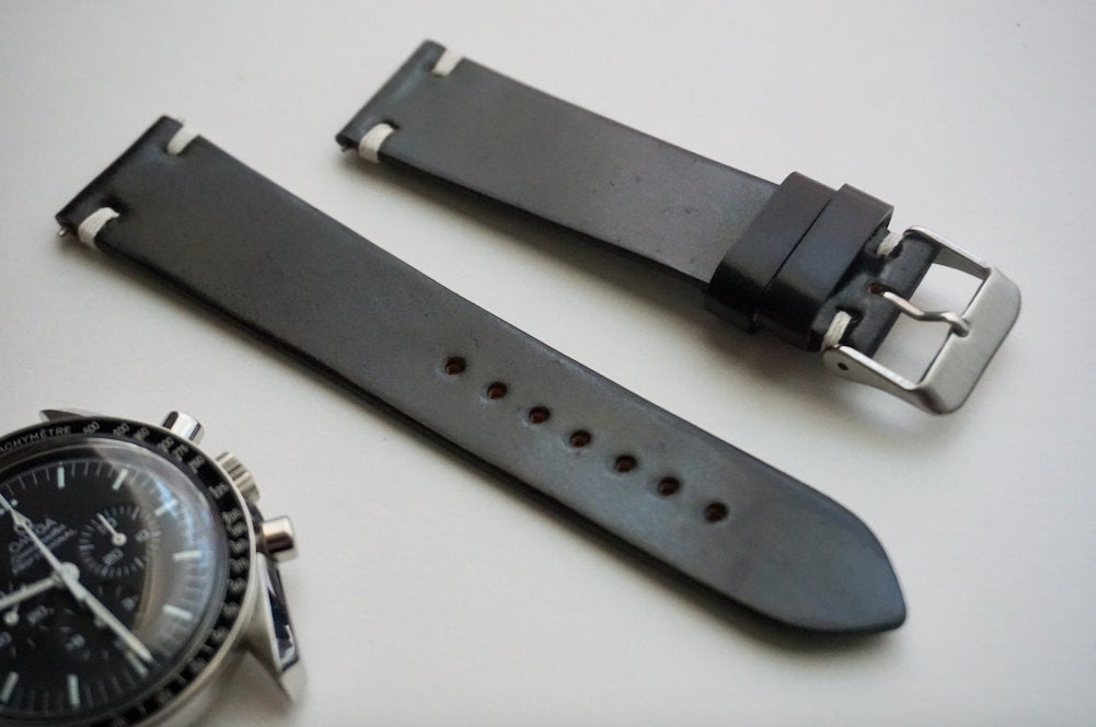 Two stitch in black Horween Shell cordovan watch strap