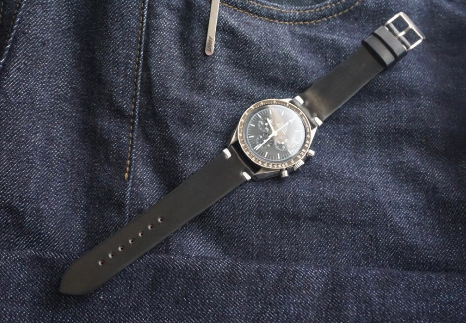 Two stitch in black Horween Shell cordovan watch strap