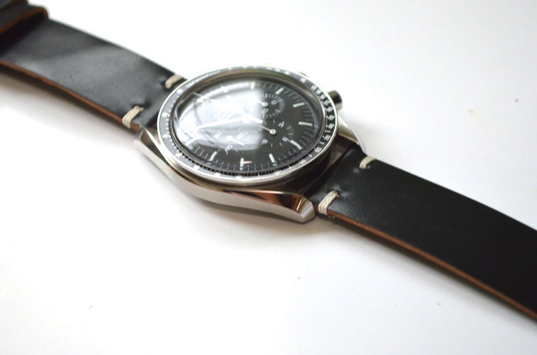 Two stitch  black Horween shell cordovan watch strap