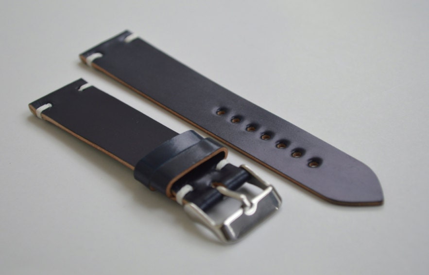 Two stitch- Horween Navy blue shell cordovan watch strap